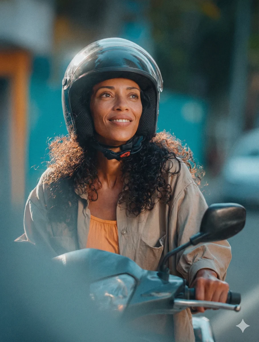 Mulher usando capacete em uma motocicleta